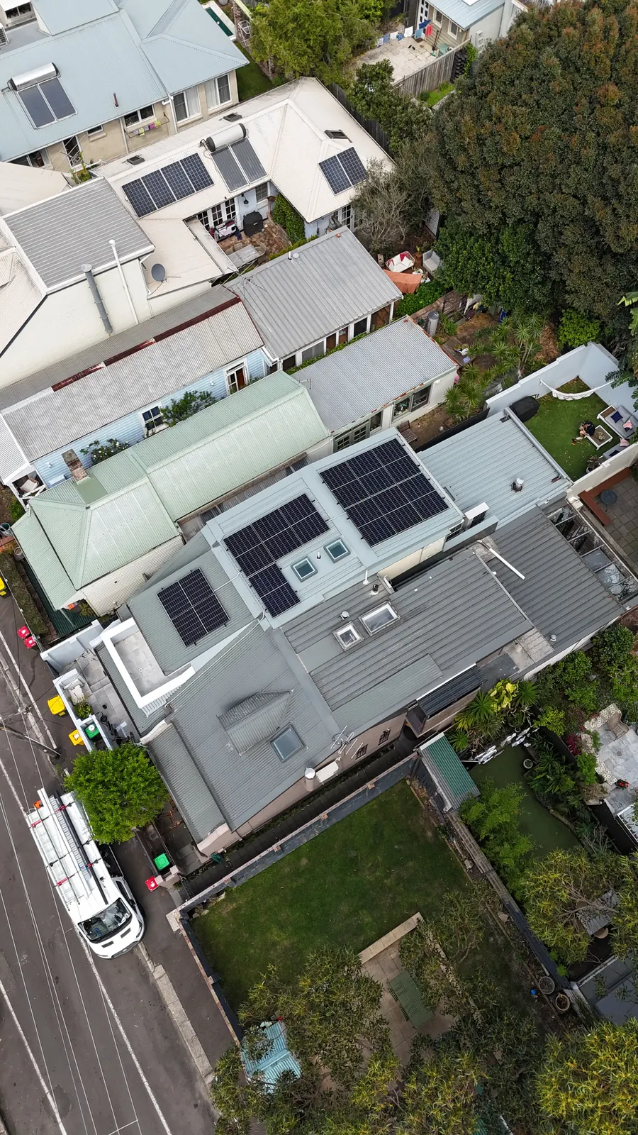 Panels on a row of inner west terraces seen from above